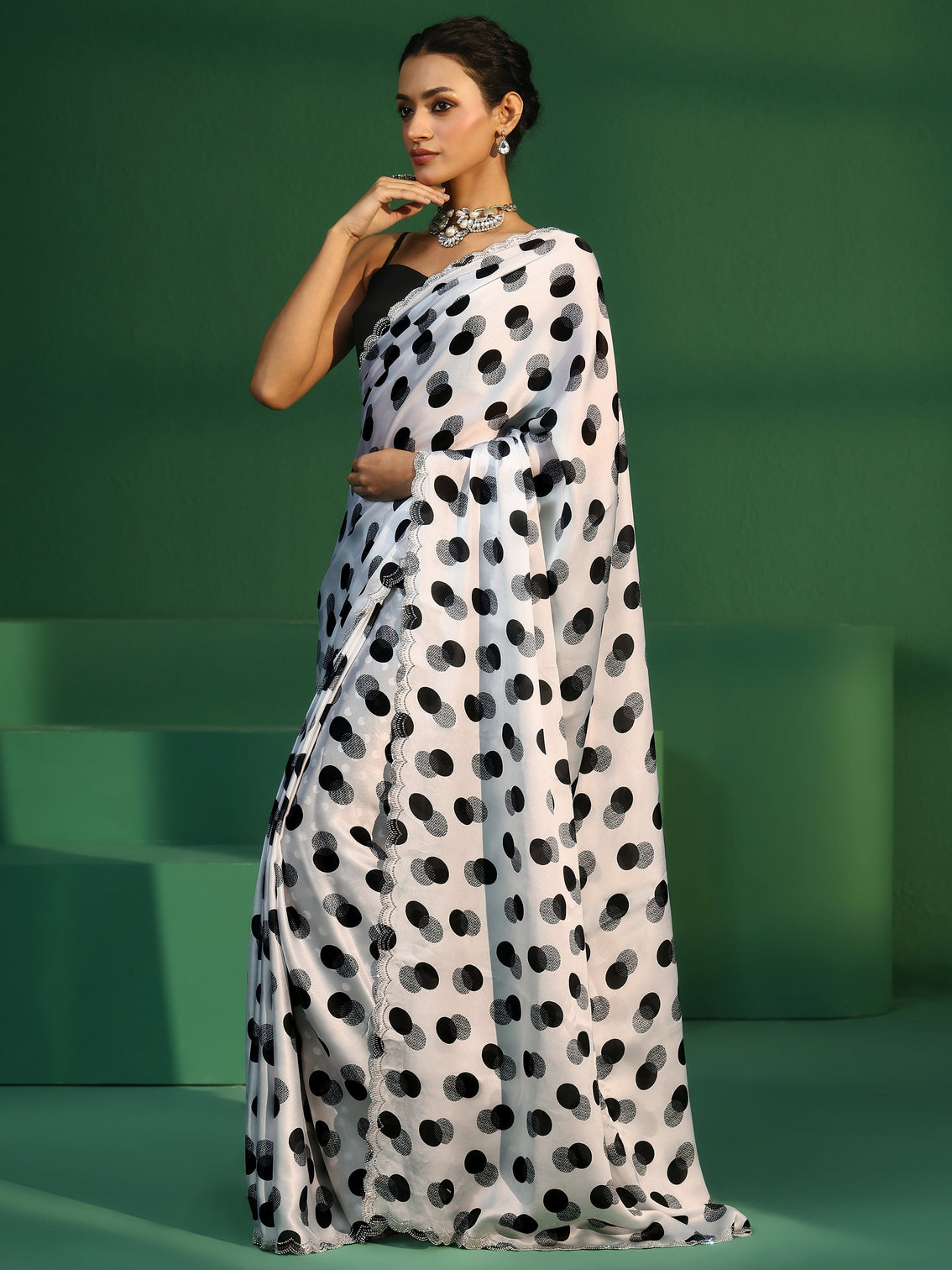 Mameraa White Polka Dot Print Tissue Saree