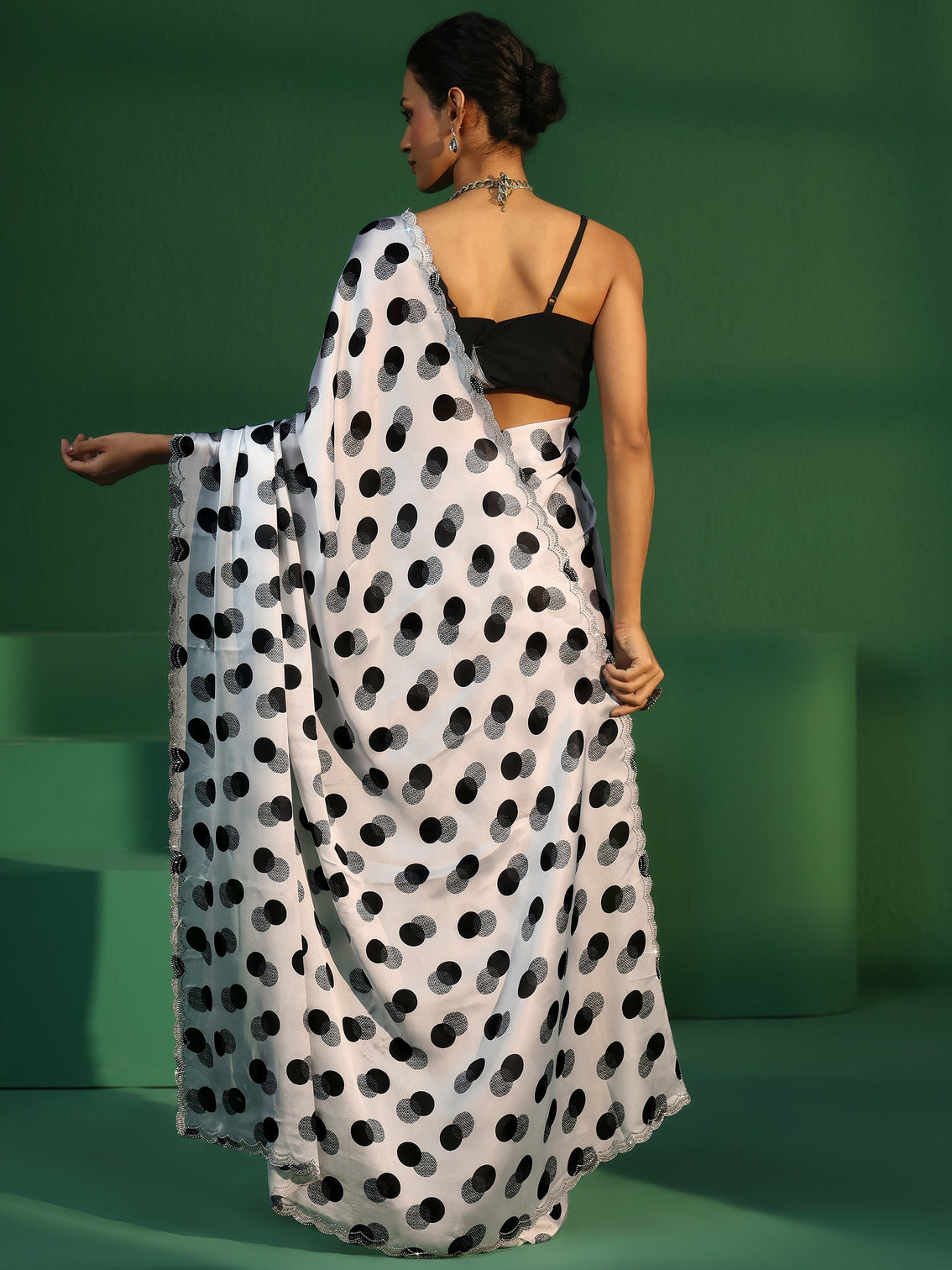 Mameraa White Polka Dot Print Tissue Saree