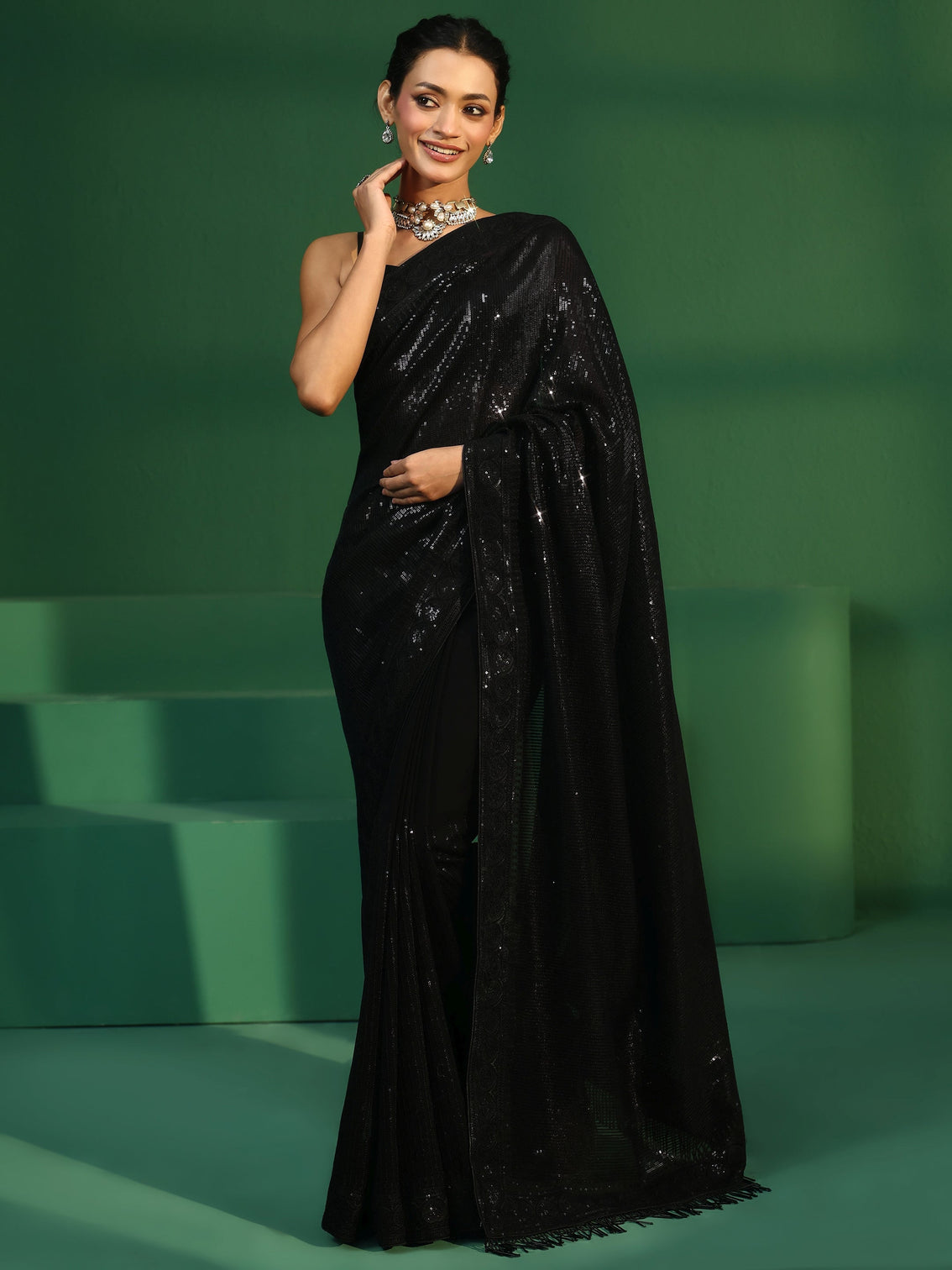 Mameraa Art Black Sequin Embellished Georgette Saree
