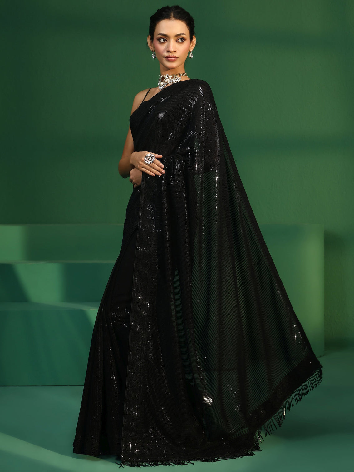 Mameraa Art Black Sequin Embellished Georgette Saree
