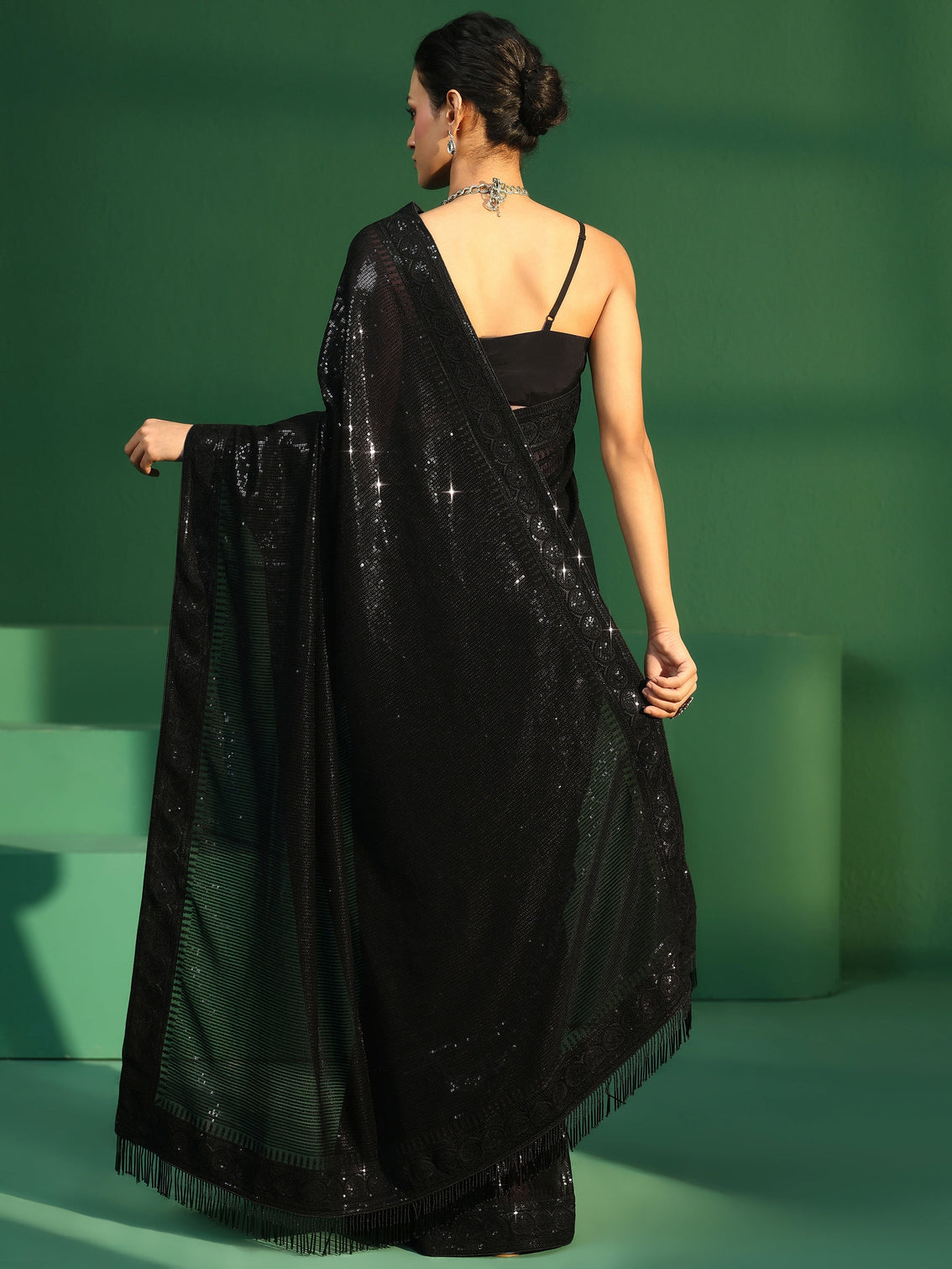 Mameraa Art Black Sequin Embellished Georgette Saree