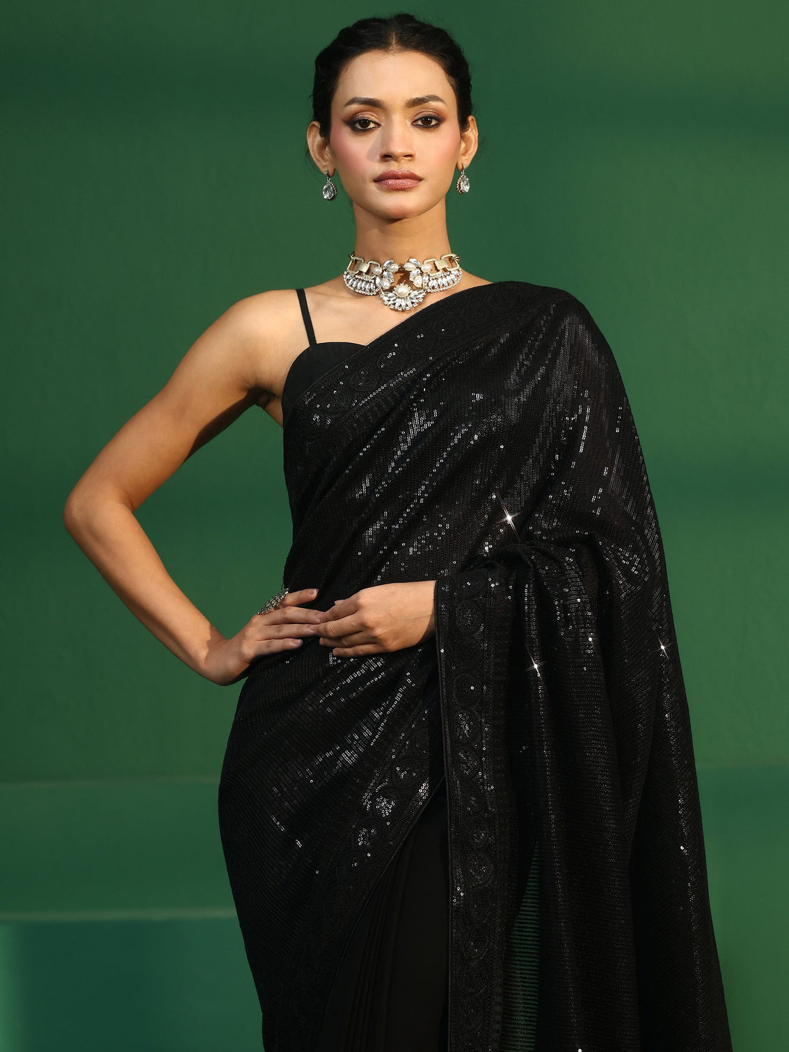 Mameraa Art Black Sequin Embellished Georgette Saree