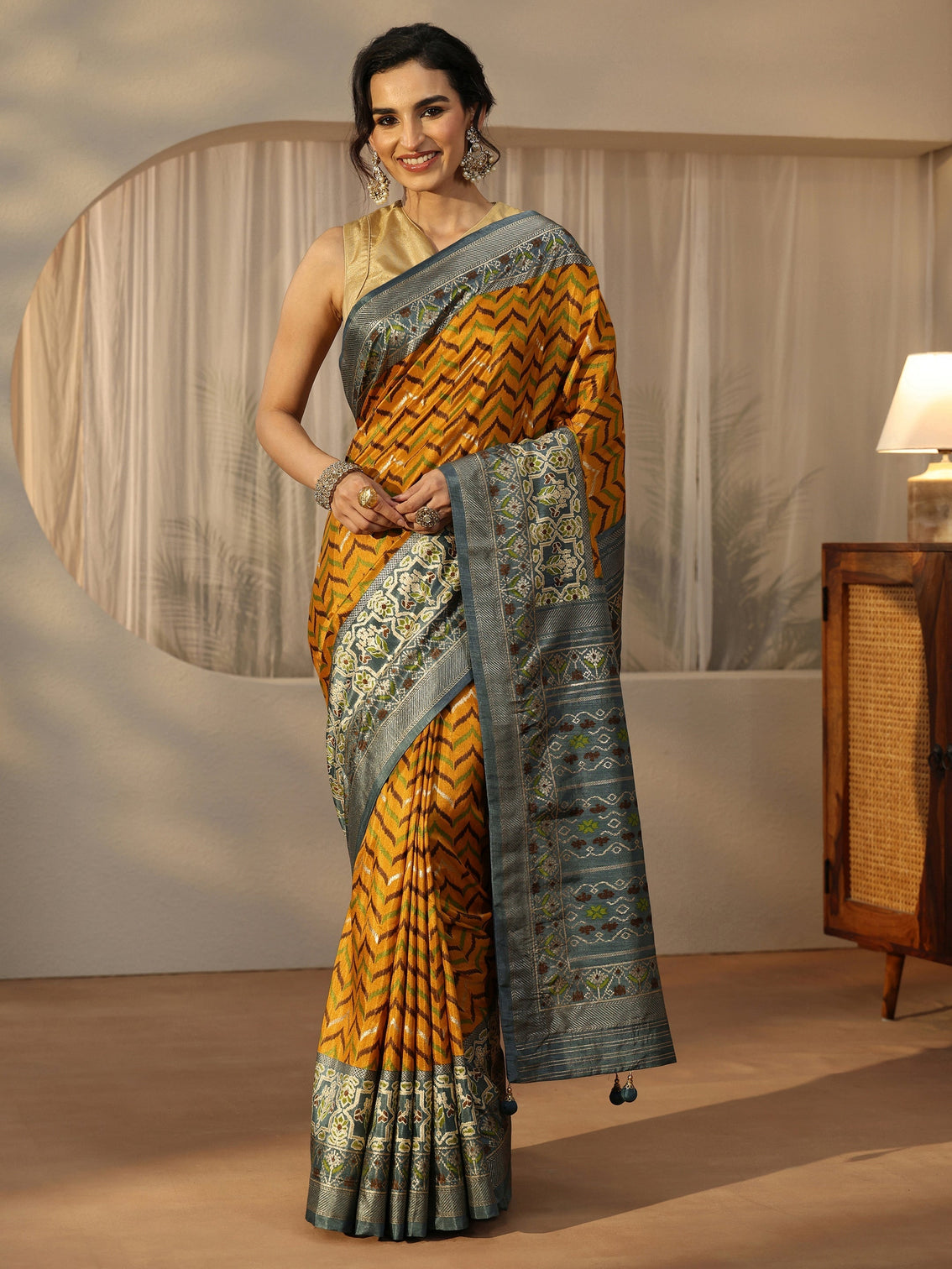 Mameraa Mustard Chevron Printed Silk Blend Saree