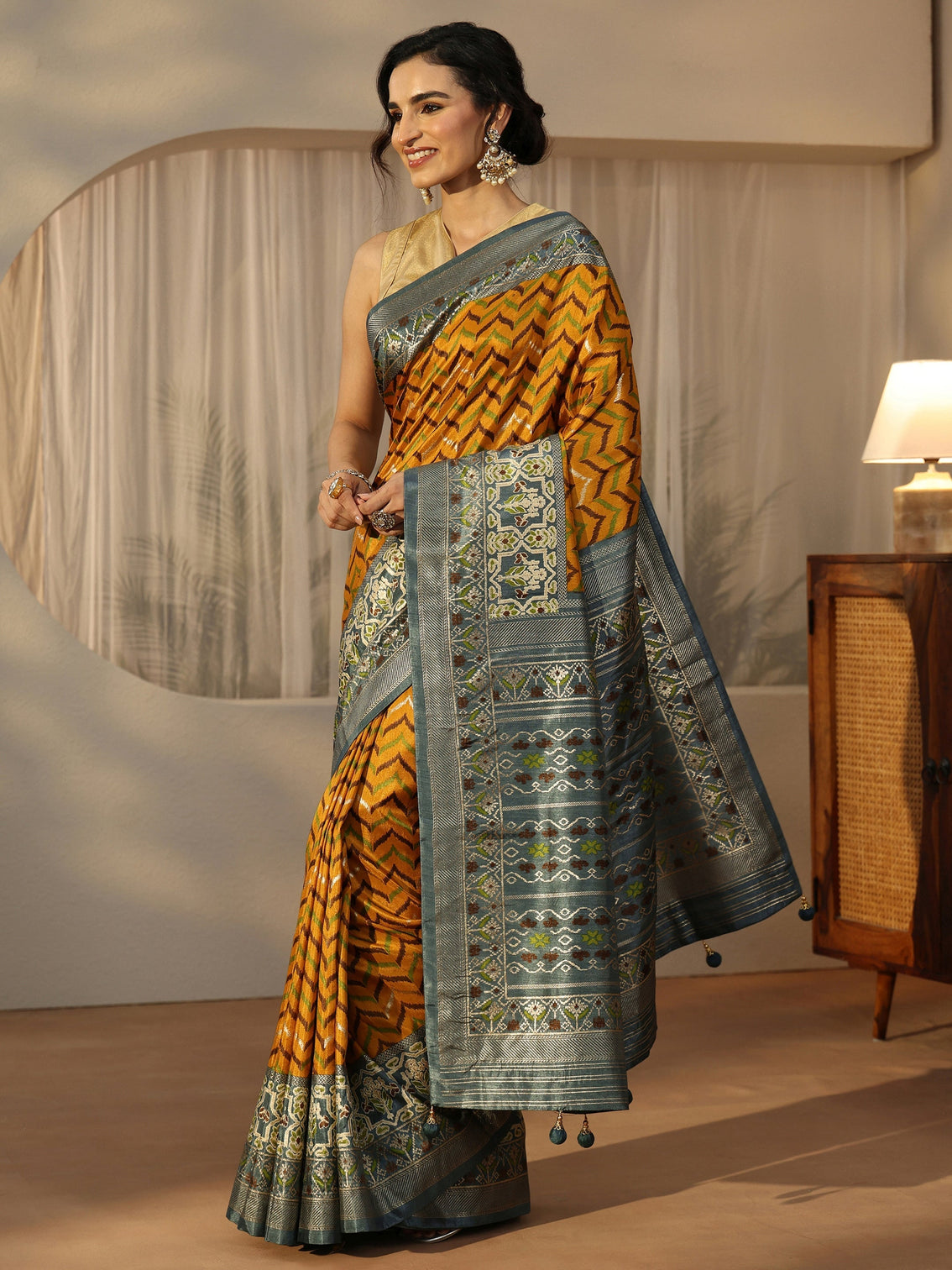 Mameraa Mustard Chevron Printed Silk Blend Saree