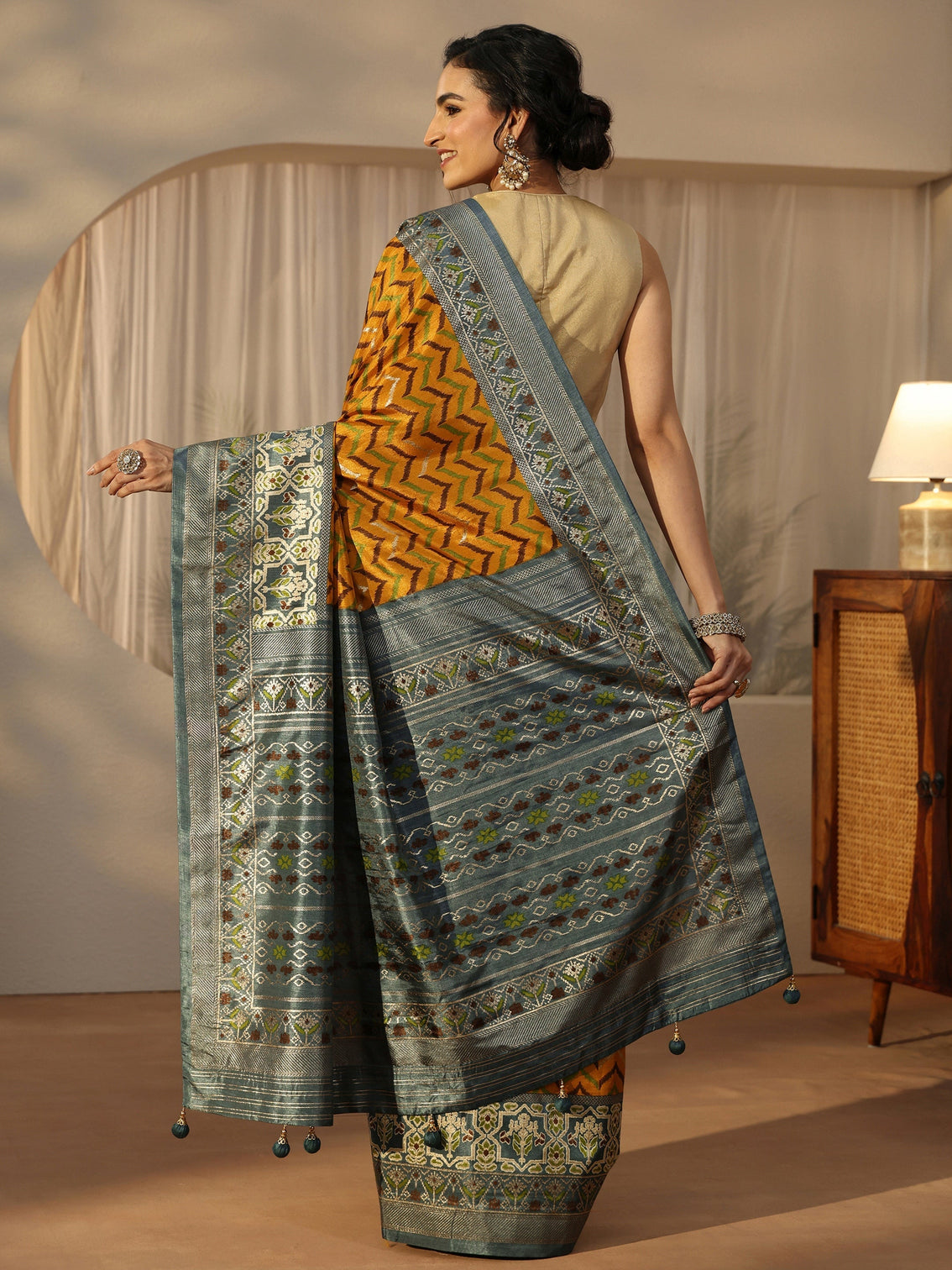 Mameraa Mustard Chevron Printed Silk Blend Saree