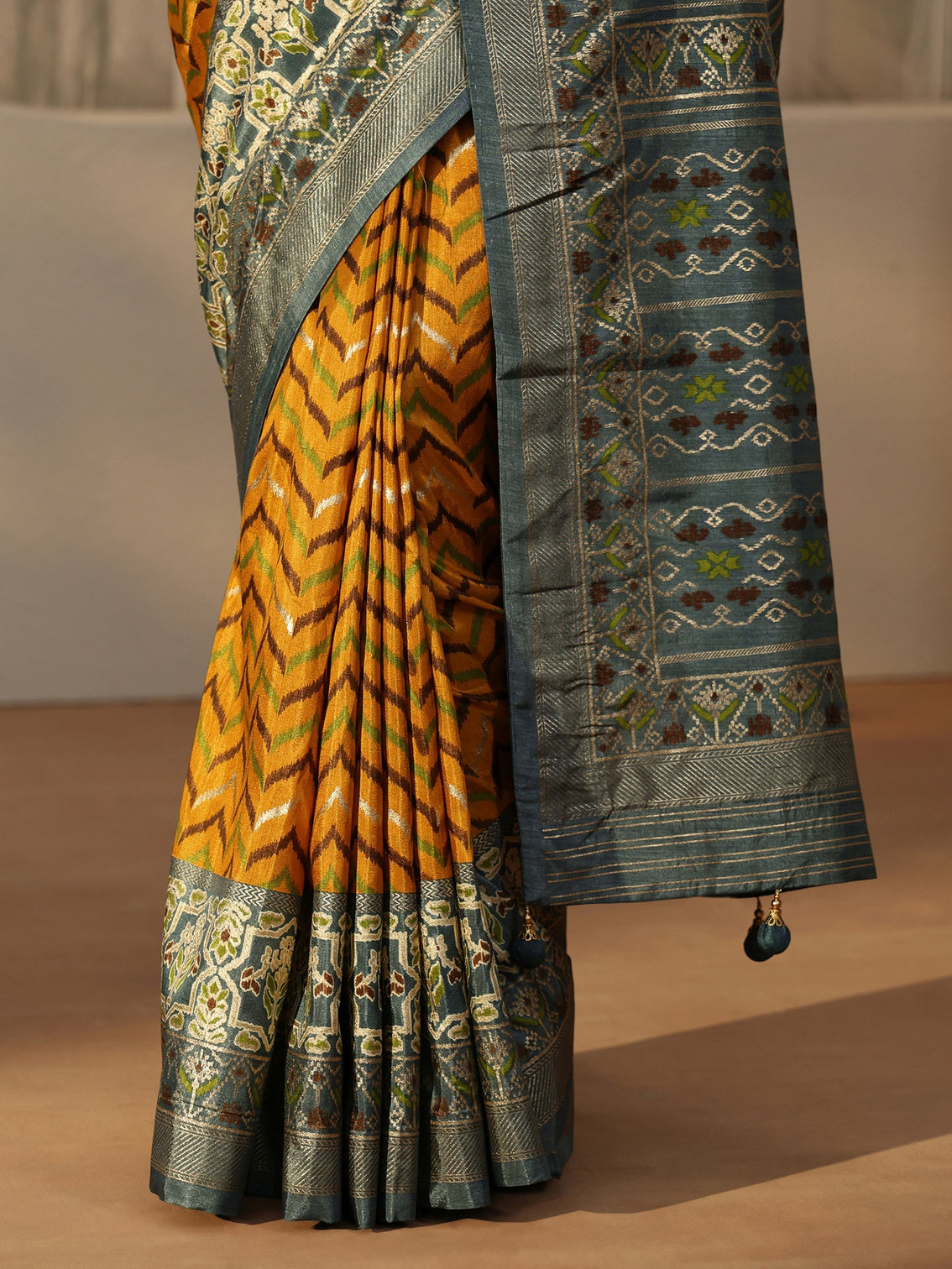 Mameraa Mustard Chevron Printed Silk Blend Saree