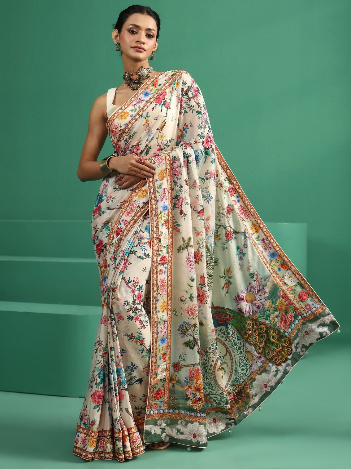 Mameraa Art Multicolour Floral Printed Chiffon Saree