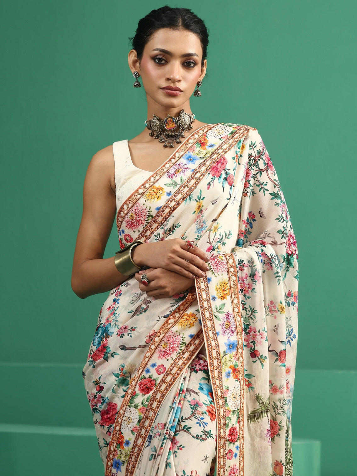 Mameraa Art Multicolour Floral Printed Chiffon Saree