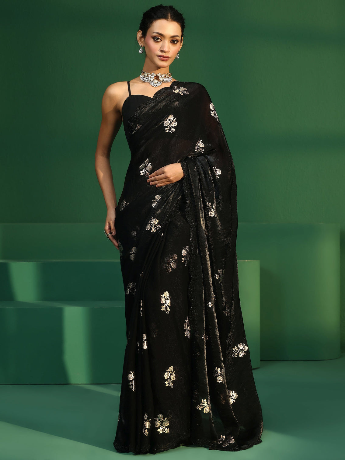 Mameraa Black Floral Foil Printed Tissue Saree