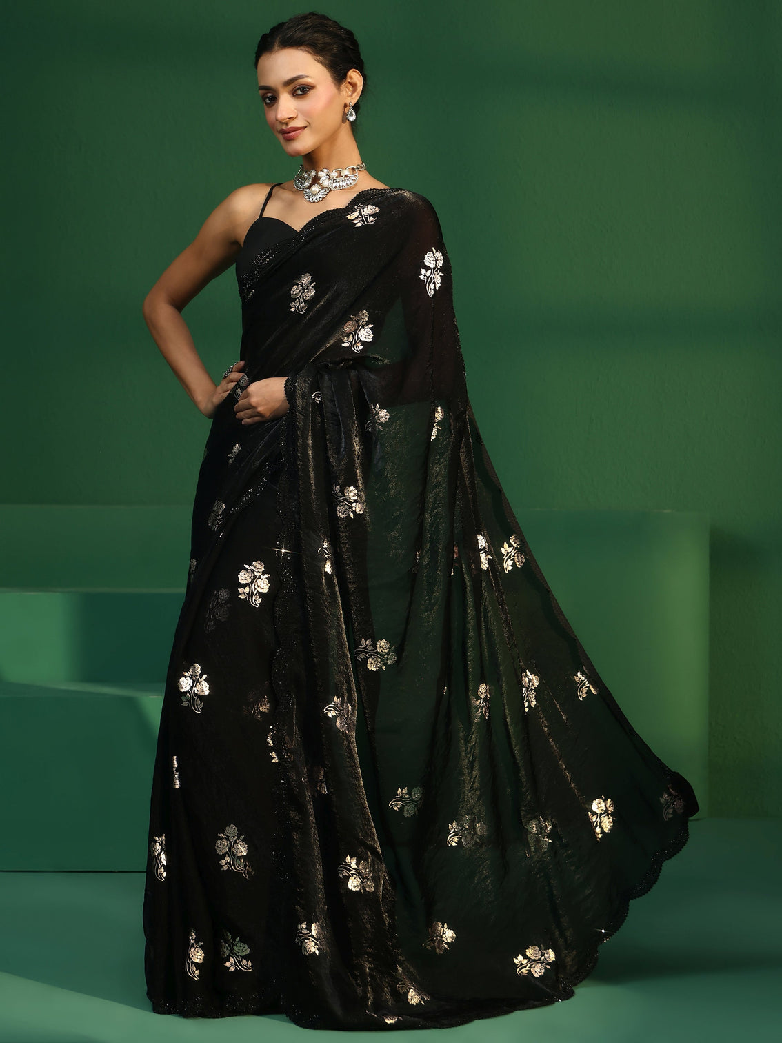 Mameraa Black Floral Foil Printed Tissue Saree