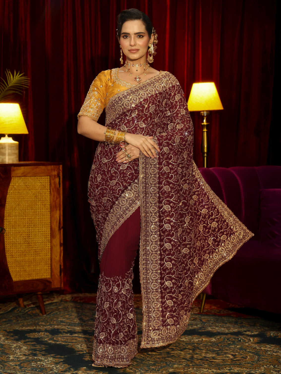 Mameraa Art Maroon Floral Embellished Georgette Saree