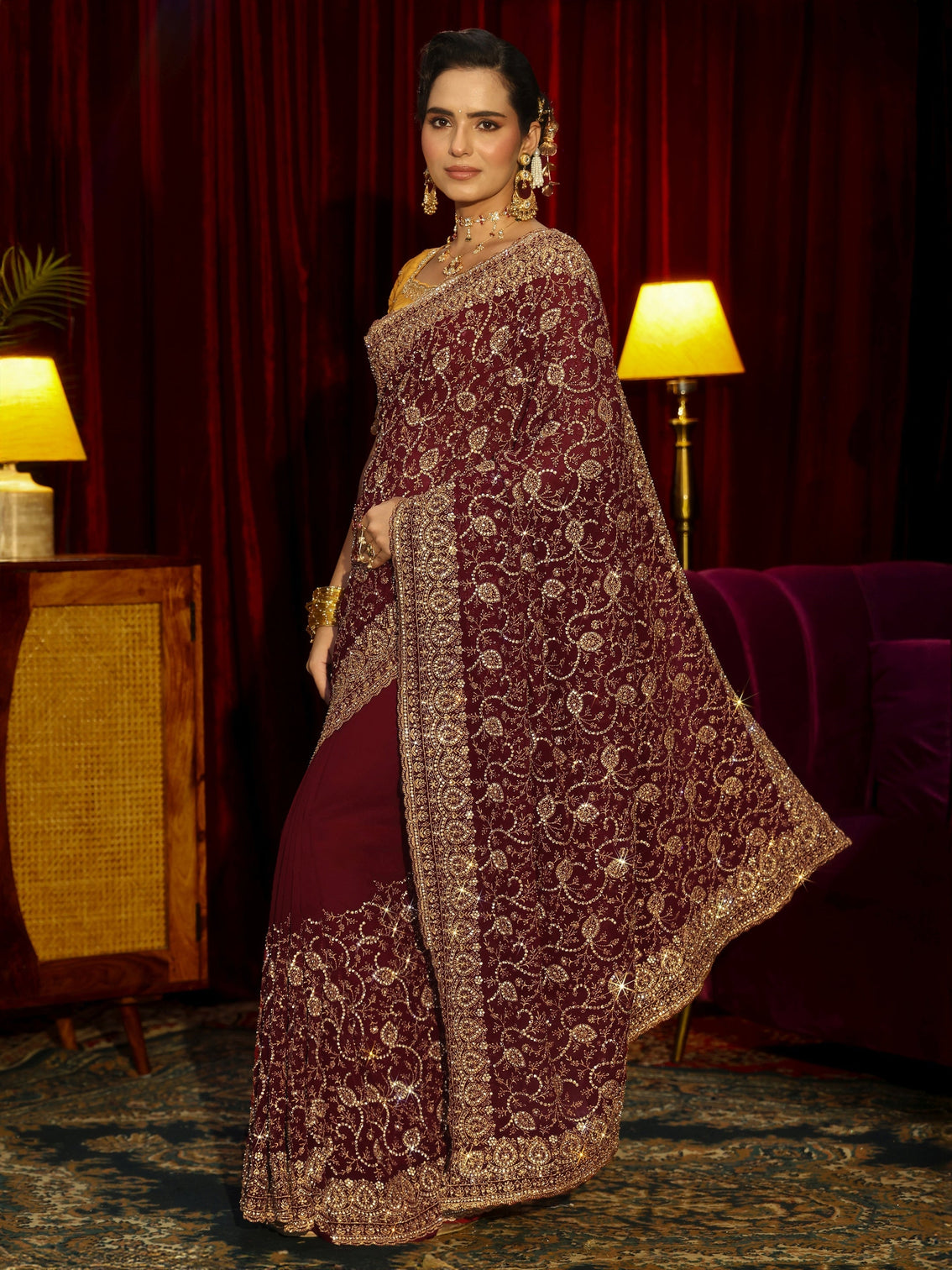 Mameraa Art Maroon Floral Embellished Georgette Saree