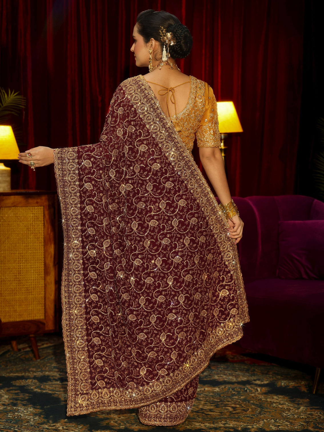 Mameraa Art Maroon Floral Embellished Georgette Saree
