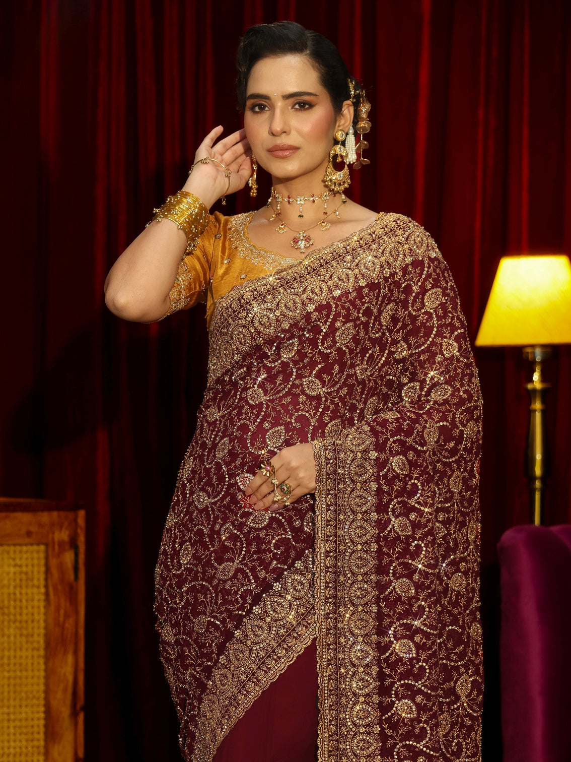 Mameraa Art Maroon Floral Embellished Georgette Saree