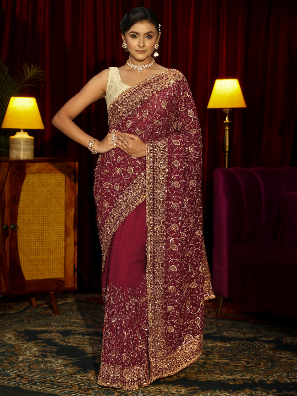 Mameraa Art Rani Pink Floral Embellished Georgette Saree
