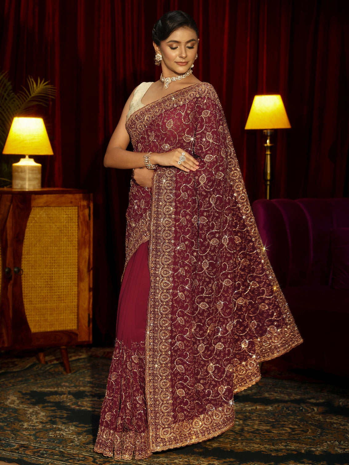 Mameraa Art Rani Pink Floral Embellished Georgette Saree