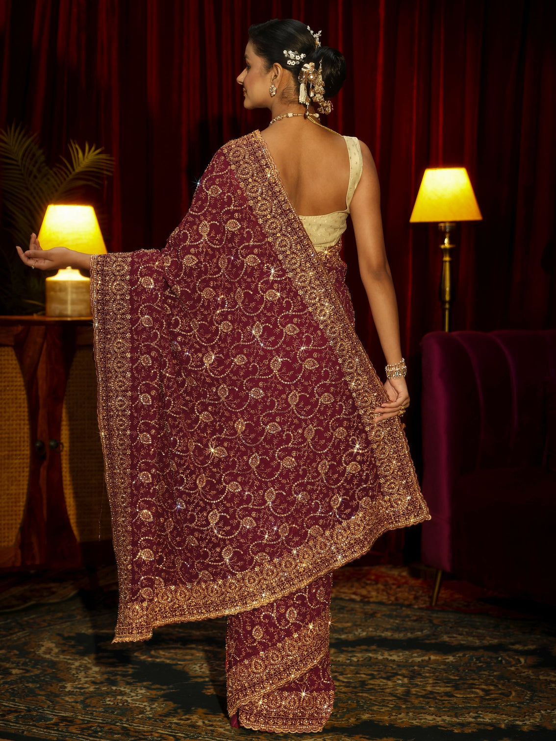 Mameraa Art Rani Pink Floral Embellished Georgette Saree
