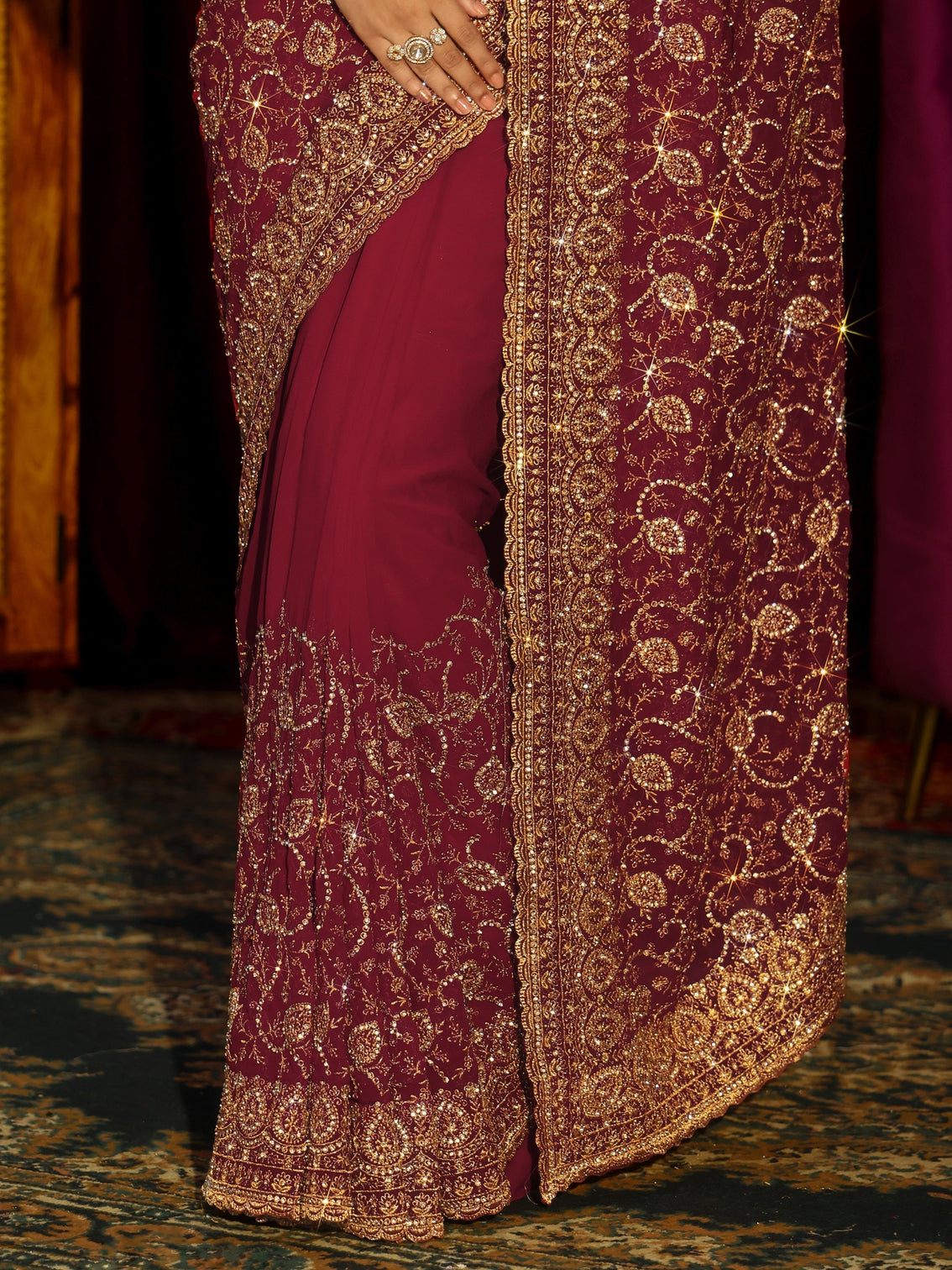 Mameraa Art Rani Pink Floral Embellished Georgette Saree