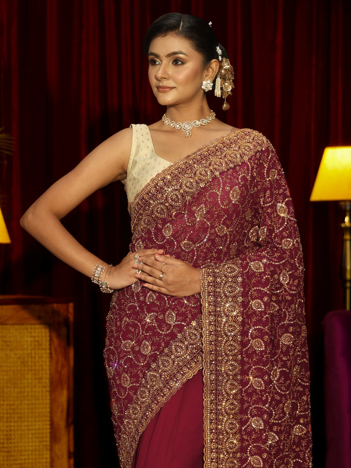 Mameraa Art Rani Pink Floral Embellished Georgette Saree