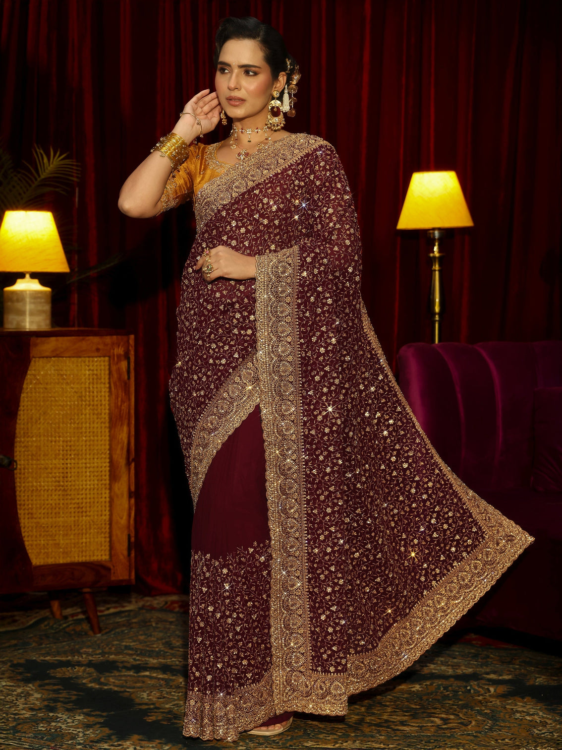Mameraa Art Maroon Floral Embellished Georgette Saree