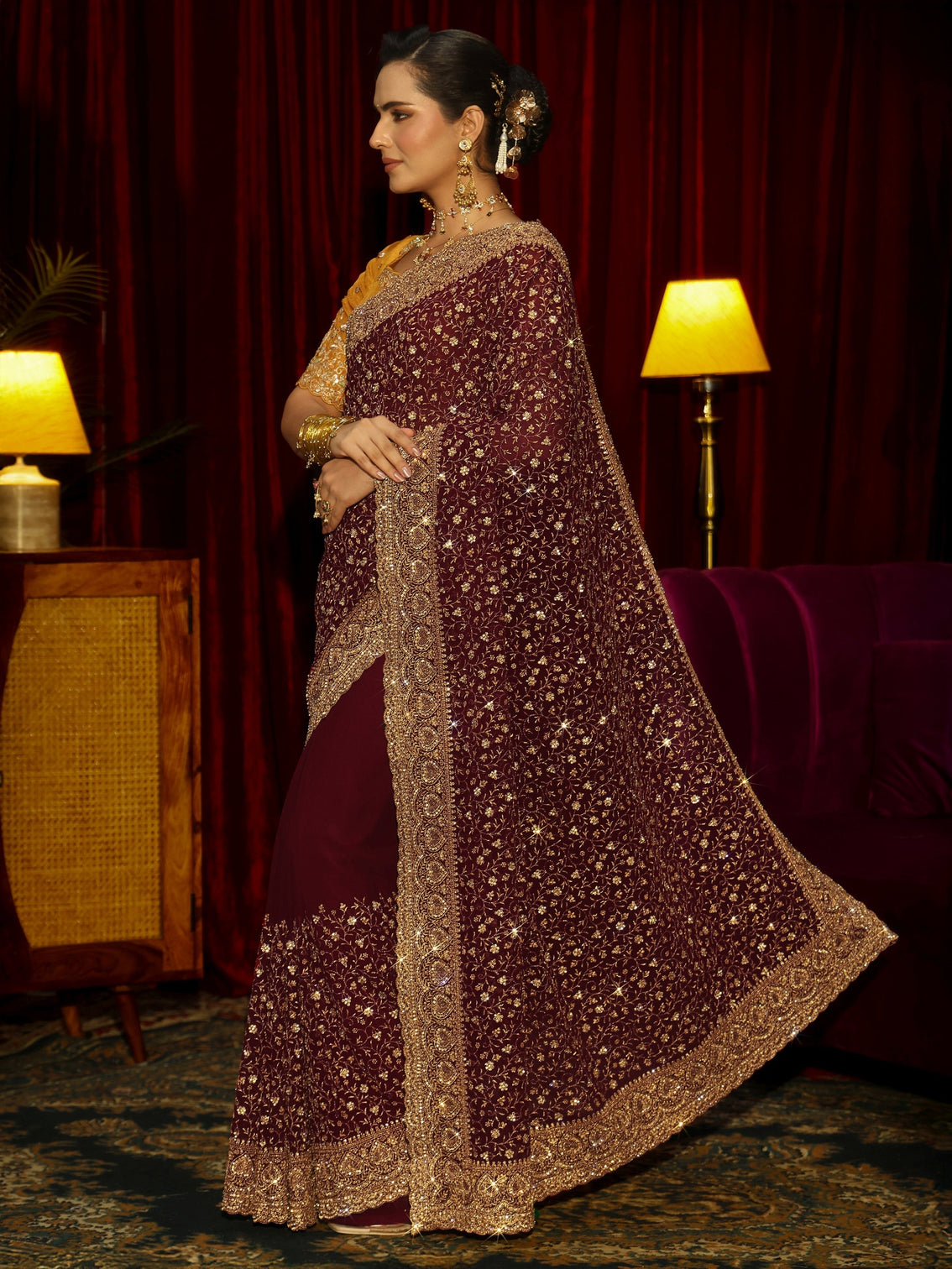 Mameraa Art Maroon Floral Embellished Georgette Saree