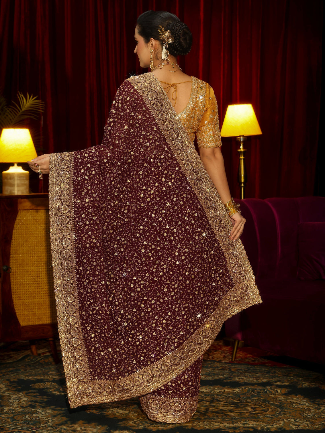 Mameraa Art Maroon Floral Embellished Georgette Saree