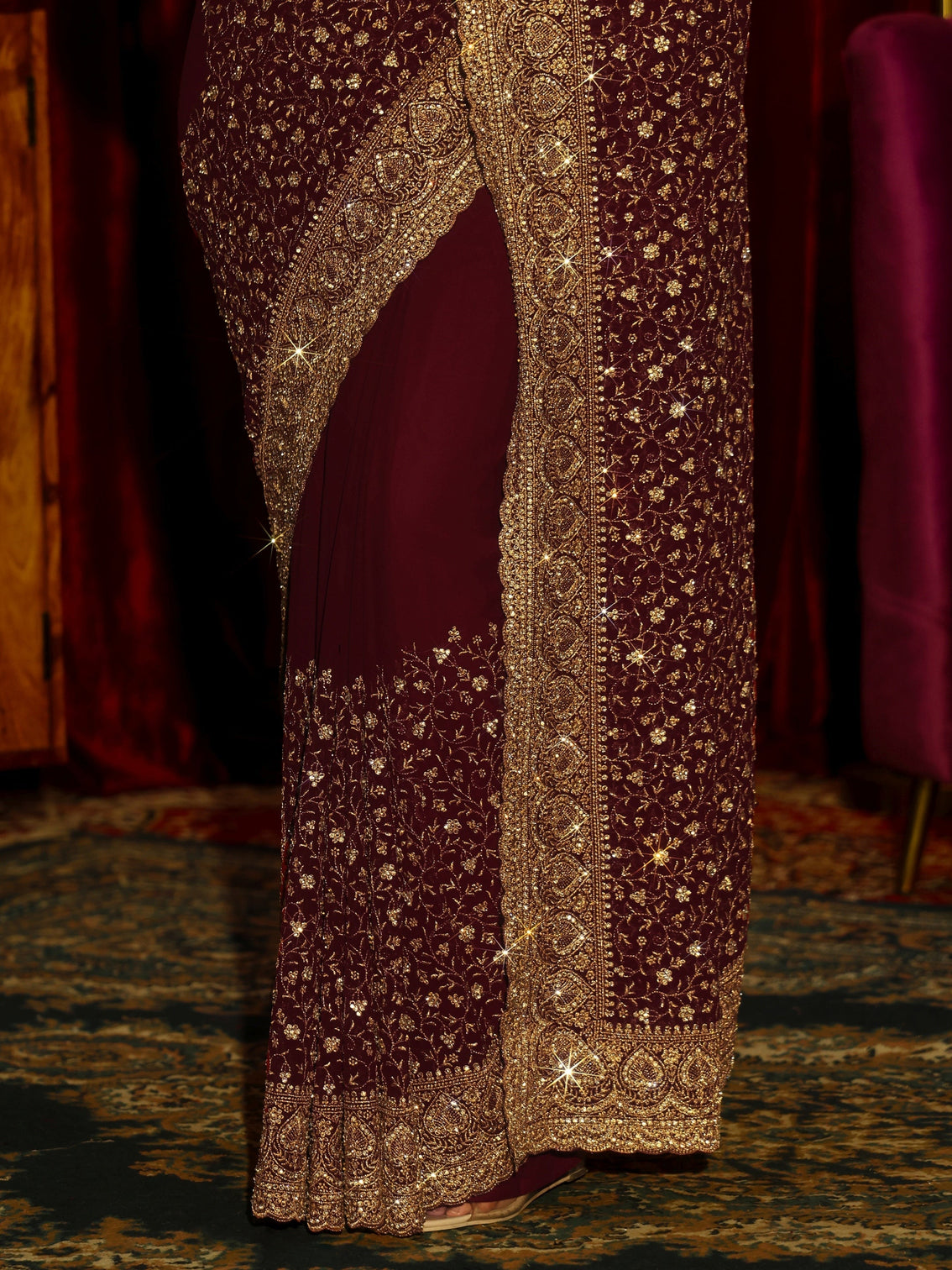 Mameraa Art Maroon Floral Embellished Georgette Saree