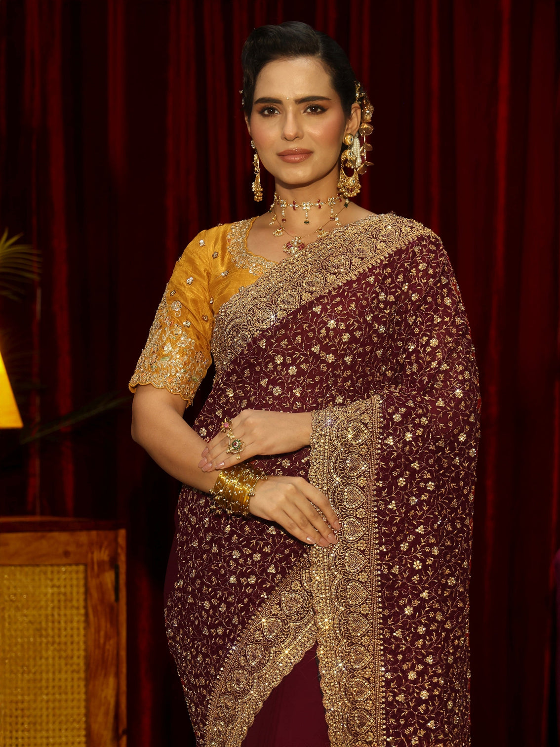 Mameraa Art Maroon Floral Embellished Georgette Saree