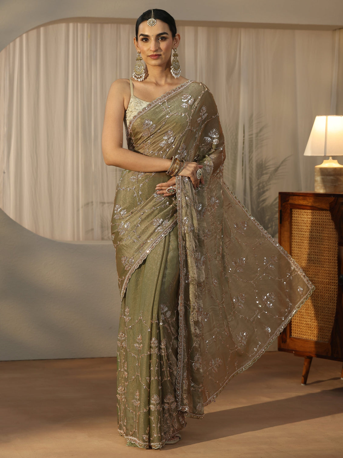 Mameraa Green Floral Embellished Tissue Saree