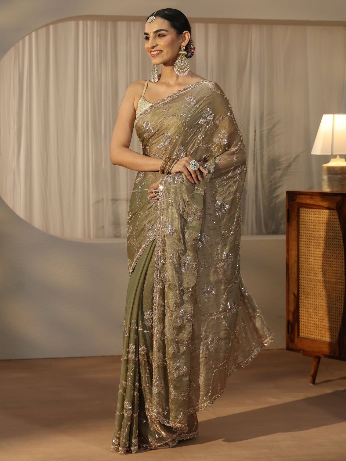 Mameraa Green Floral Embellished Tissue Saree