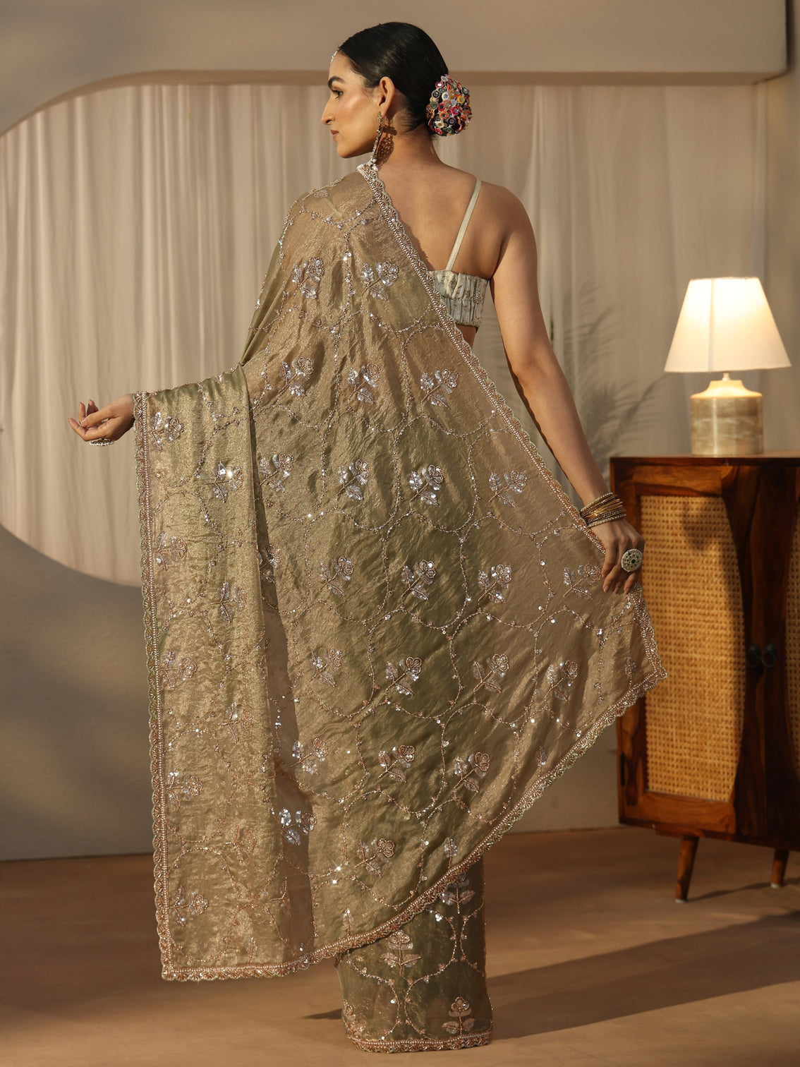 Mameraa Green Floral Embellished Tissue Saree