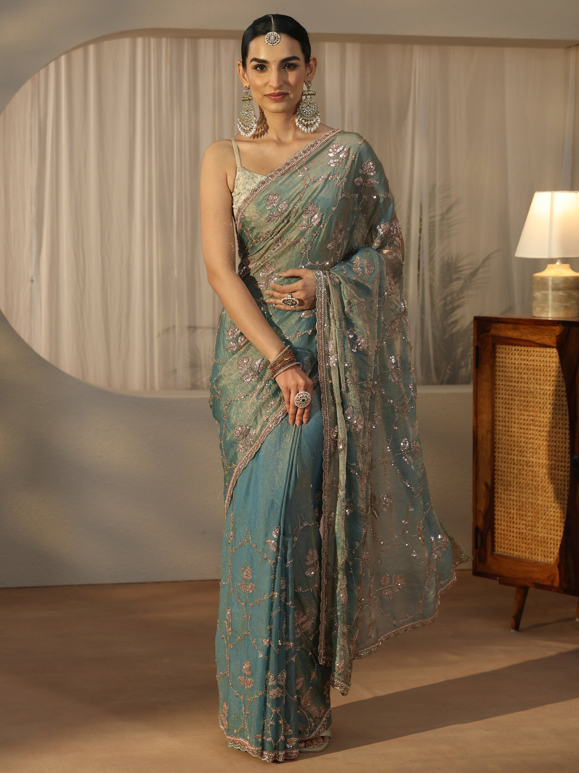 Mameraa Blue Floral Embellished Tissue Saree