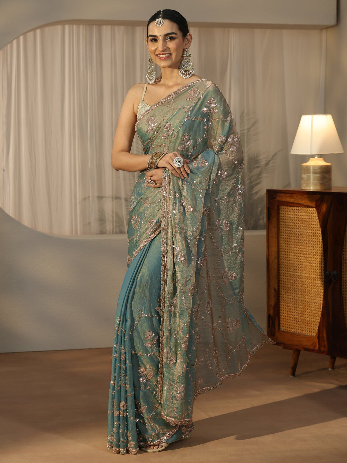 Mameraa Blue Floral Embellished Tissue Saree