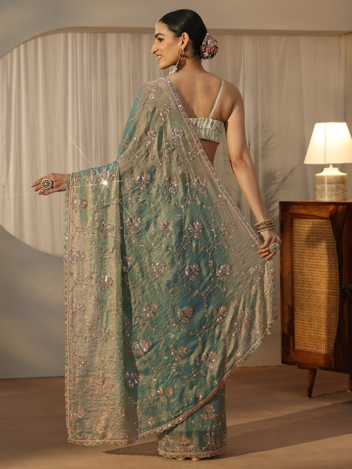 Mameraa Blue Floral Embellished Tissue Saree