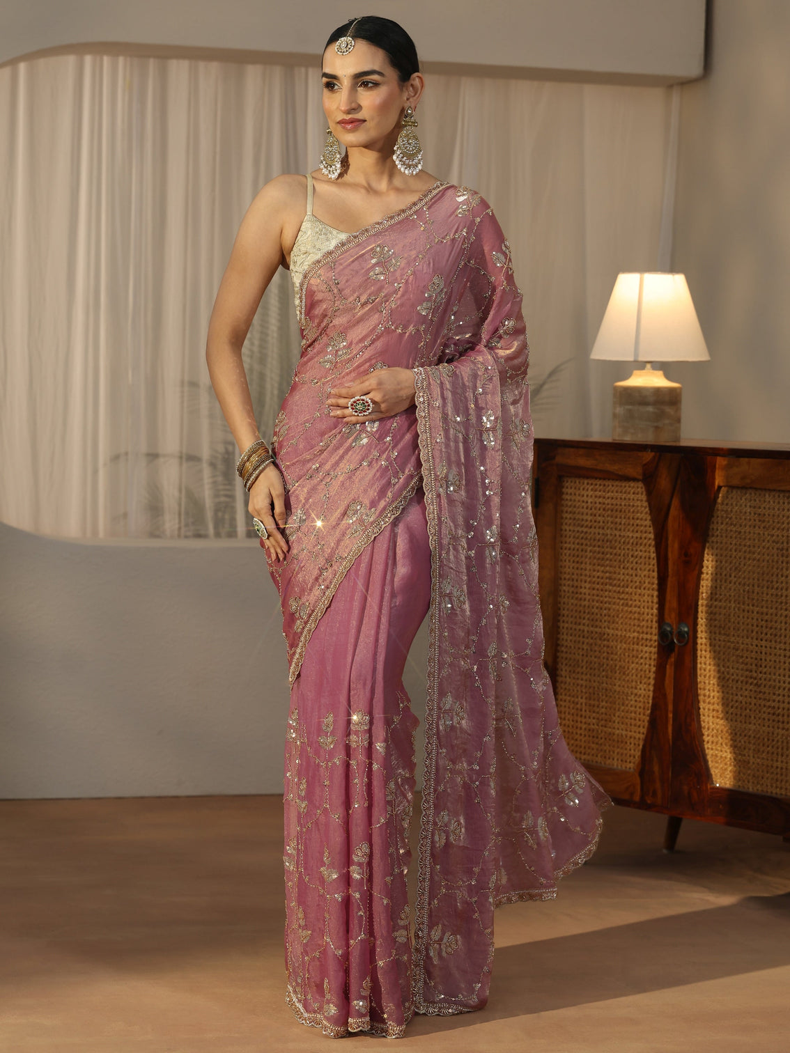 Mameraa Dusty Rose Pink Floral Embellished Tissue Saree