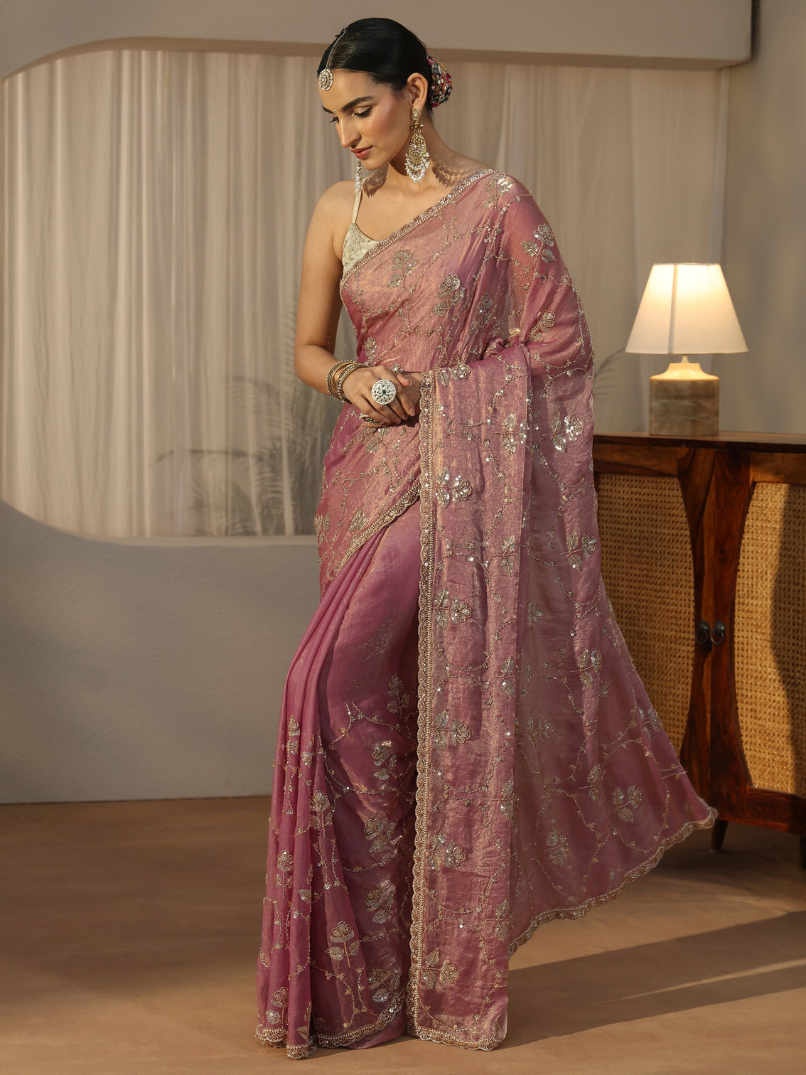 Mameraa Dusty Rose Pink Floral Embellished Tissue Saree