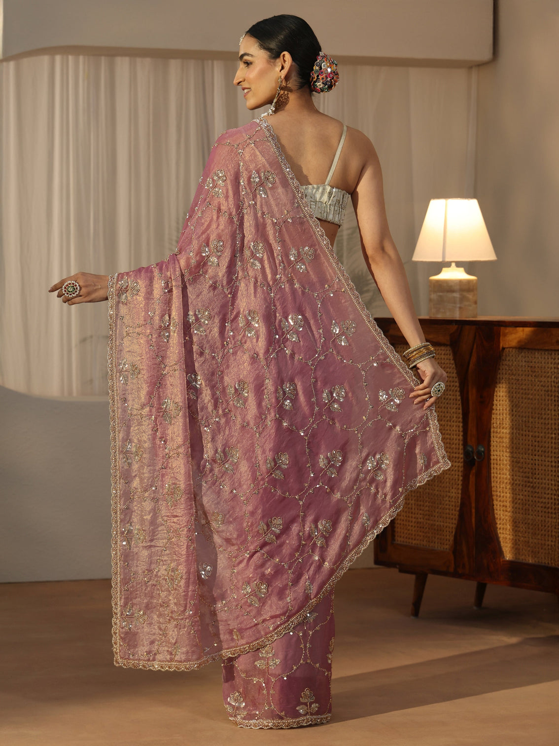 Mameraa Dusty Rose Pink Floral Embellished Tissue Saree