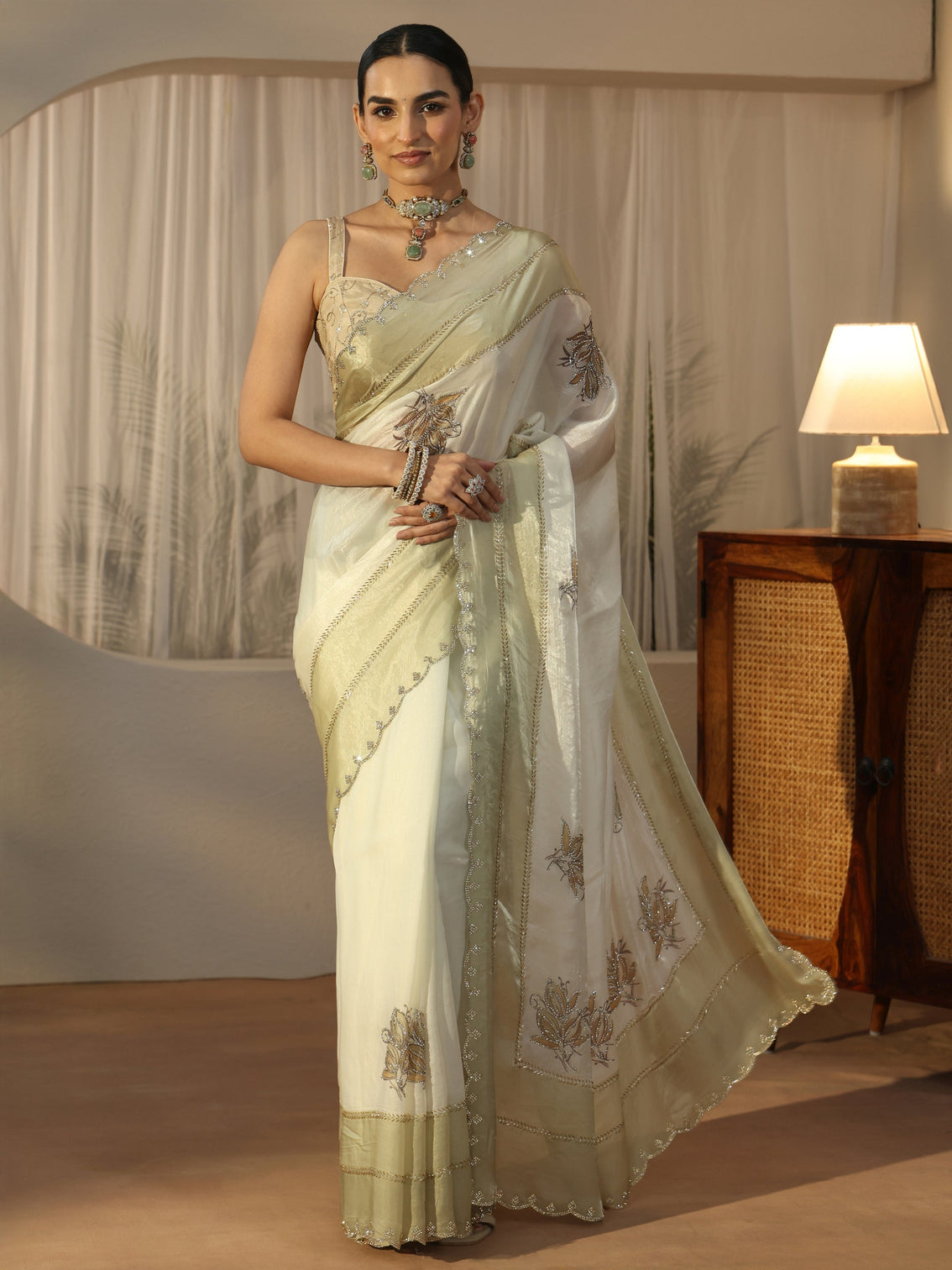 Mameraa Cream Floral Embellished Tissue Saree