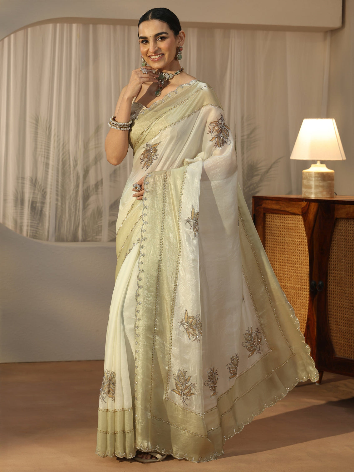 Mameraa Cream Floral Embellished Tissue Saree