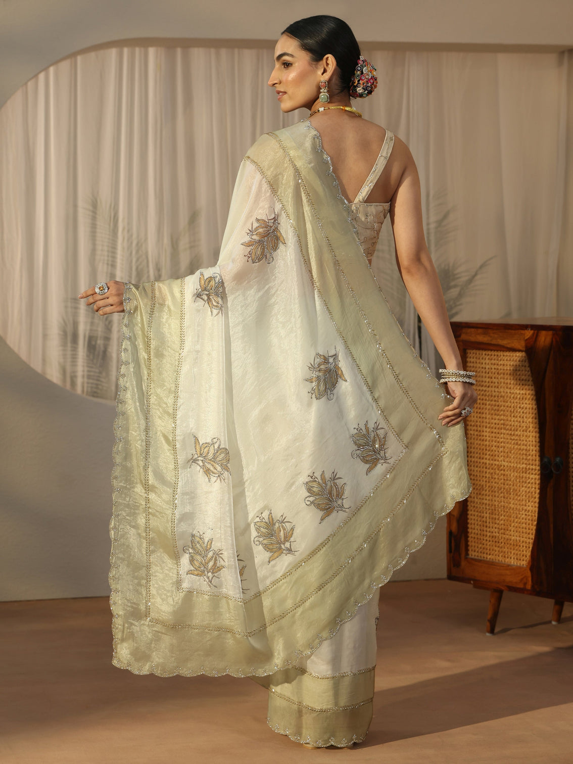 Mameraa Cream Floral Embellished Tissue Saree