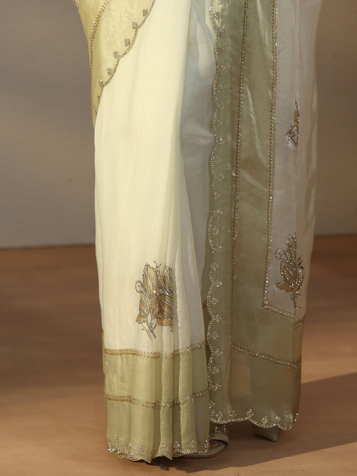 Mameraa Cream Floral Embellished Tissue Saree