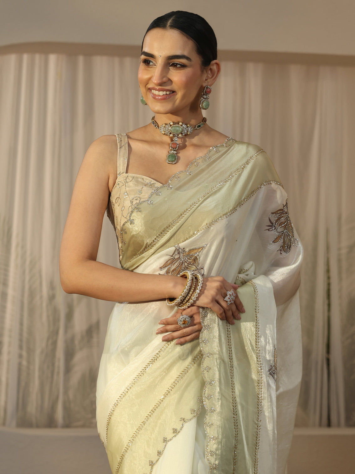 Mameraa Cream Floral Embellished Tissue Saree