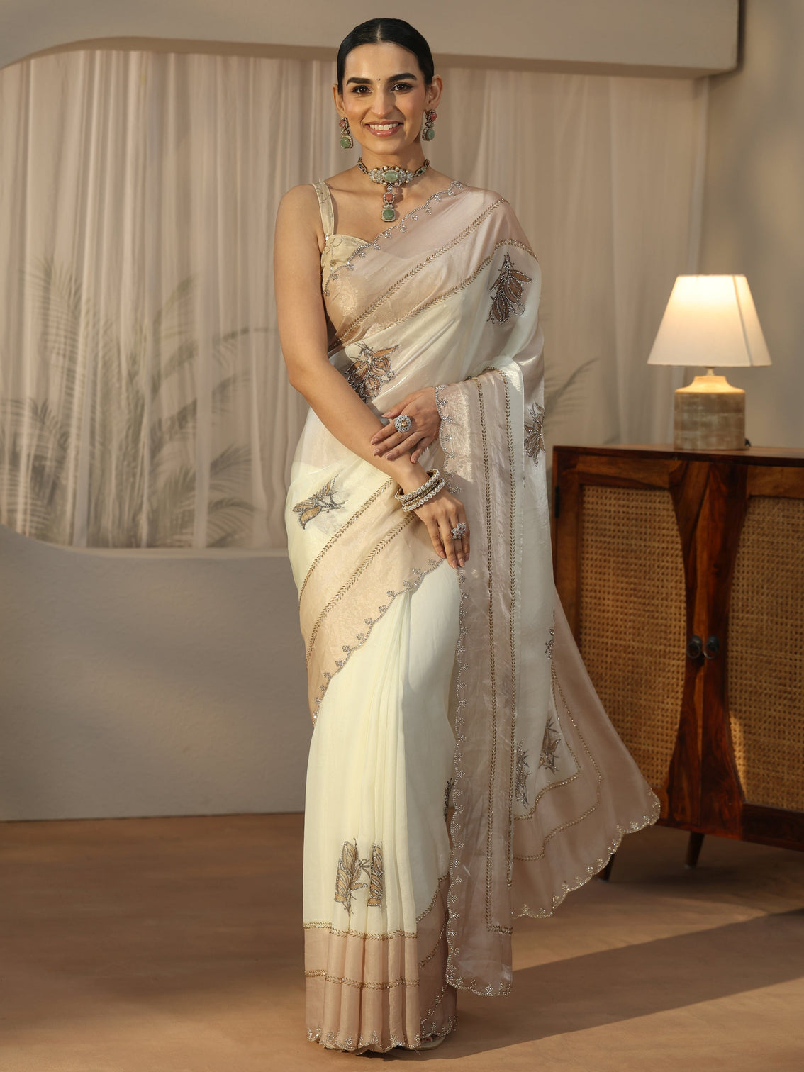 Mameraa Cream Floral Embellished Tissue Saree