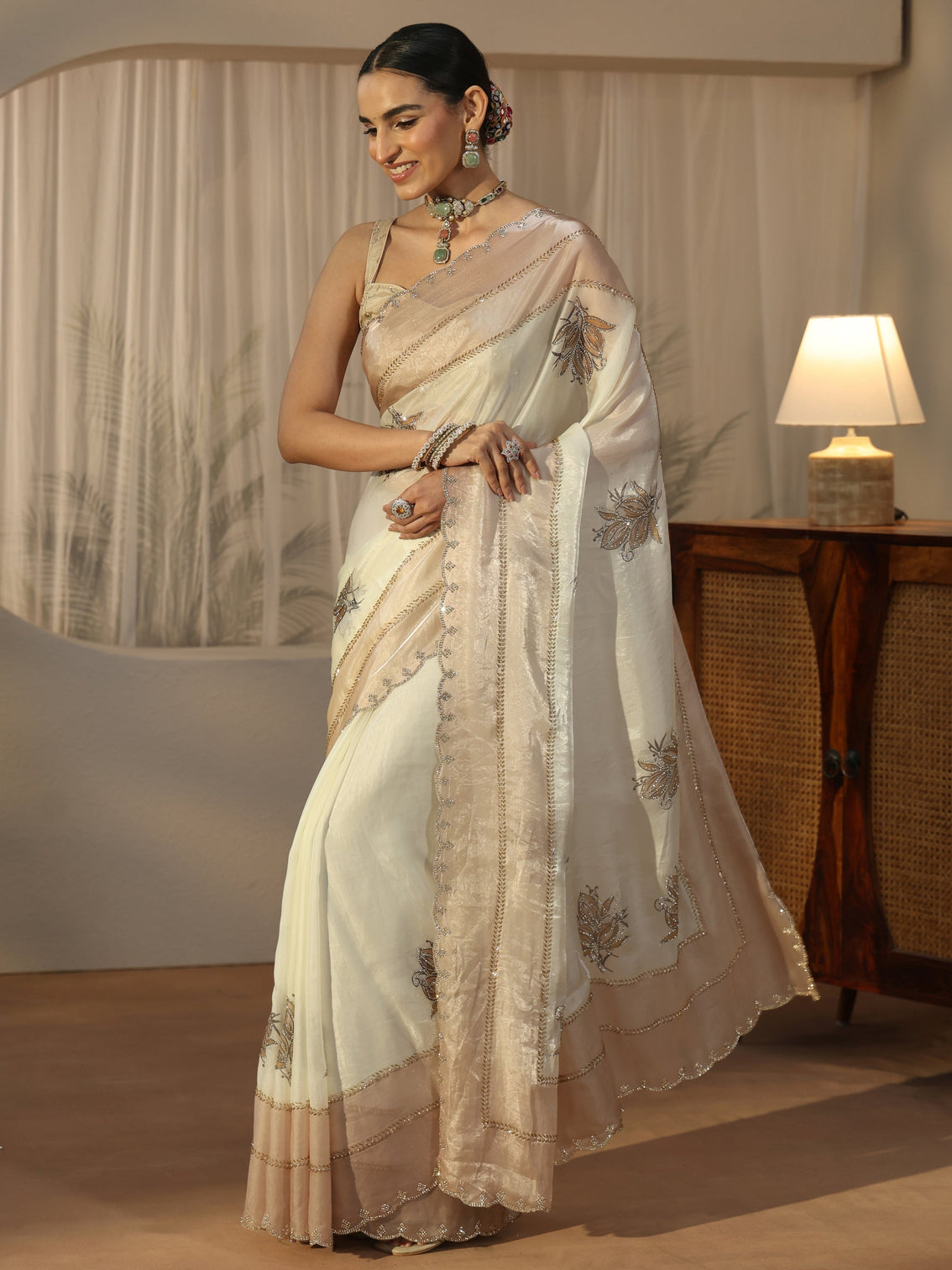 Mameraa Cream Floral Embellished Tissue Saree