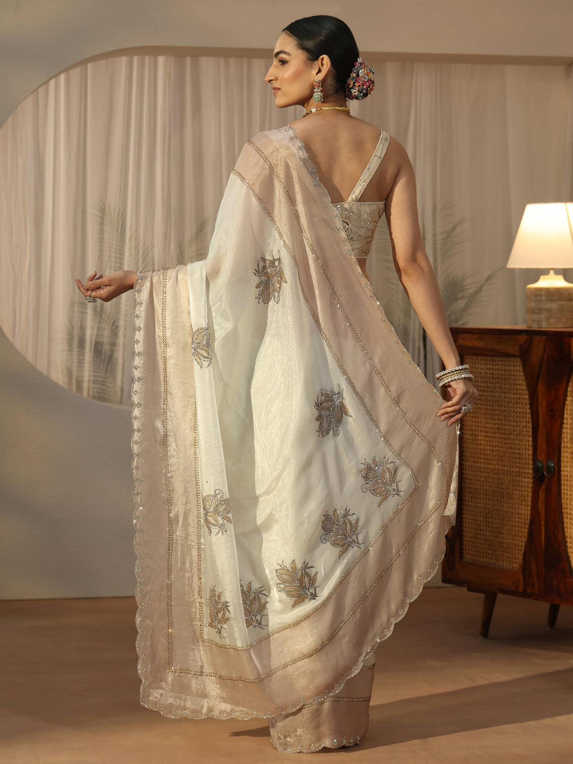 Mameraa Cream Floral Embellished Tissue Saree