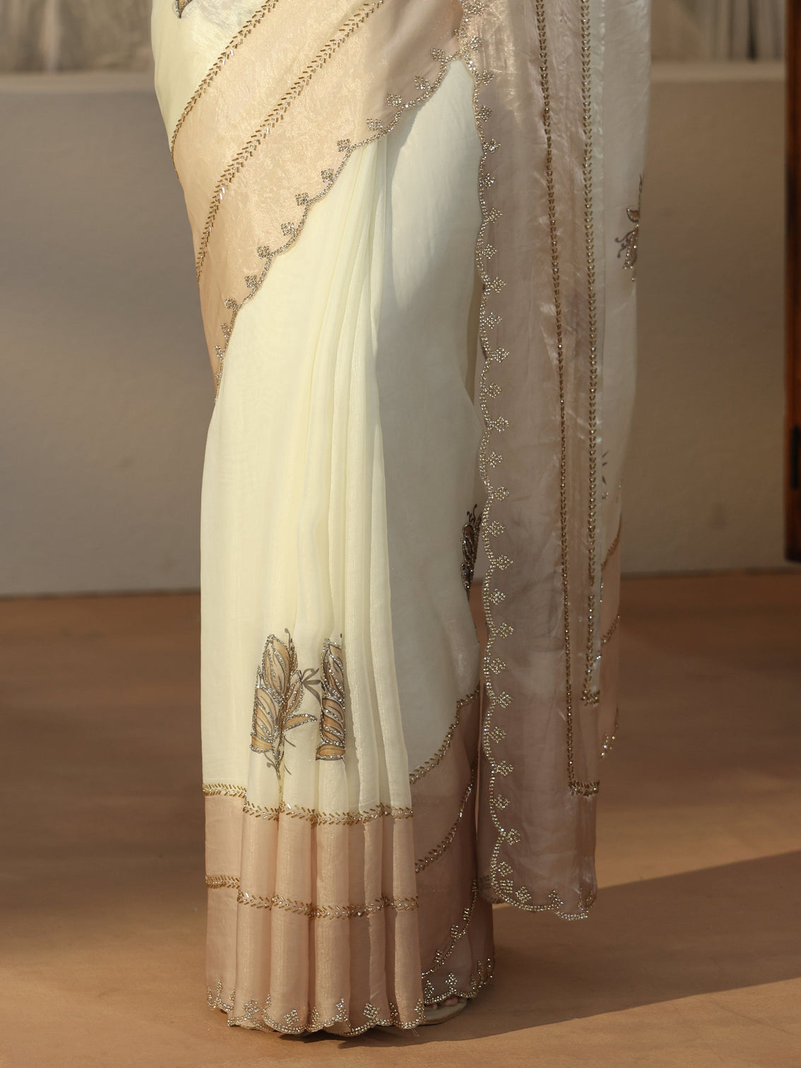 Mameraa Cream Floral Embellished Tissue Saree