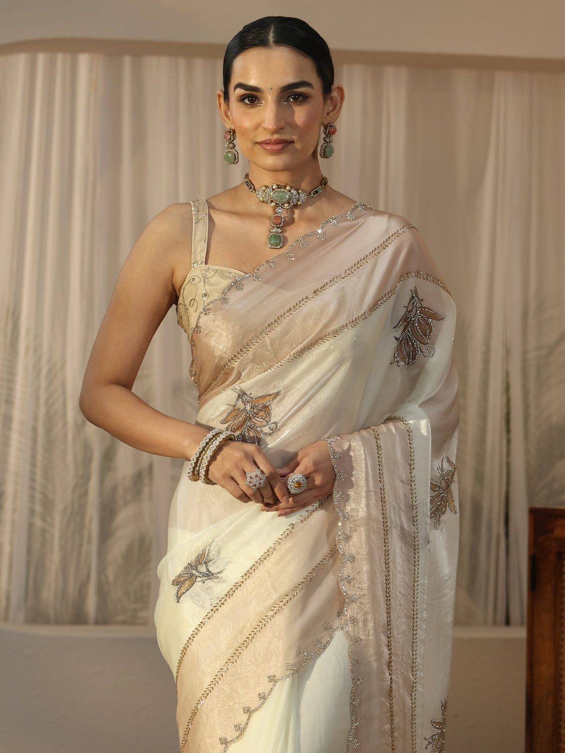 Mameraa Cream Floral Embellished Tissue Saree