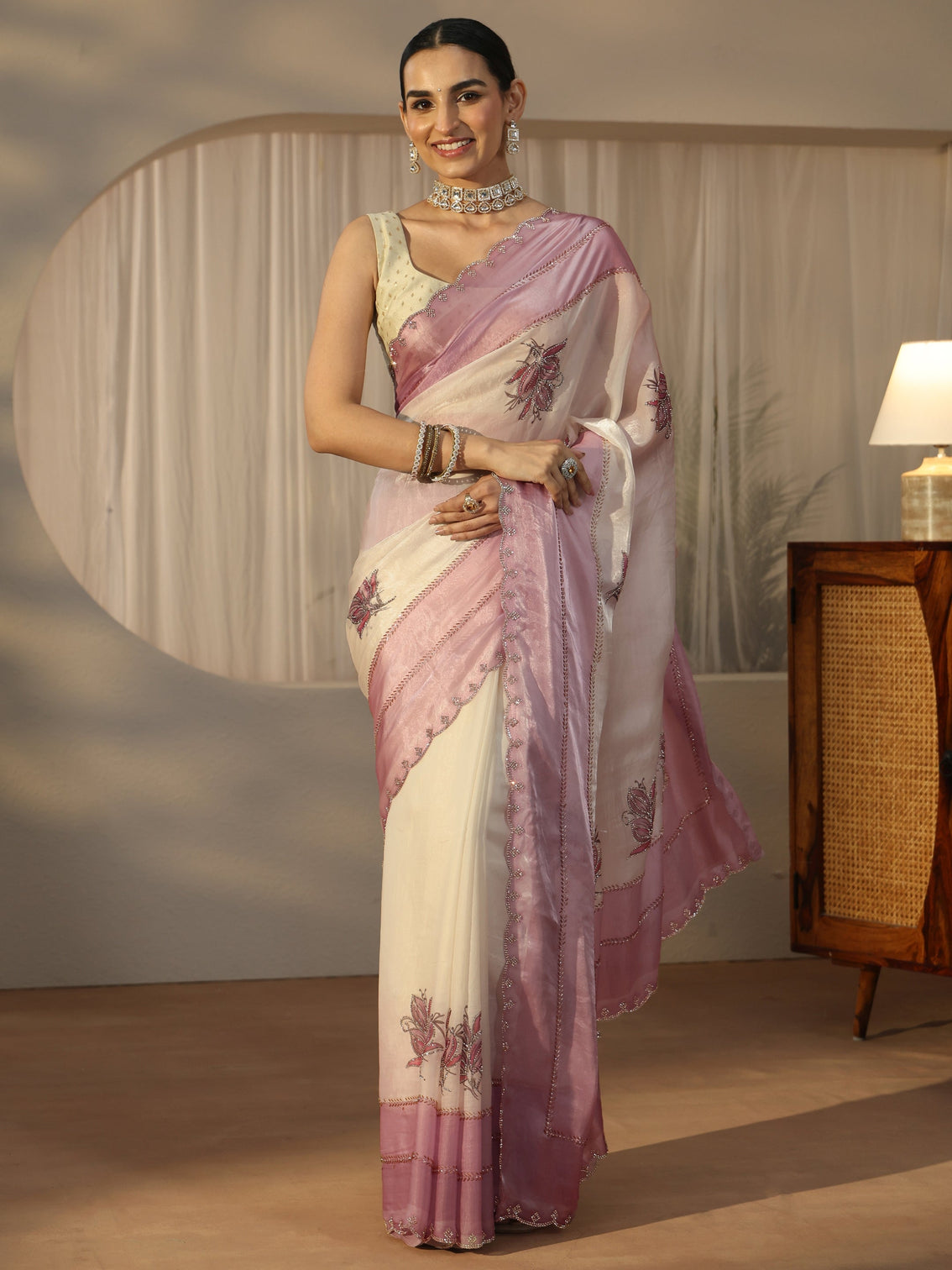 Mameraa Cream Floral Embellished Tissue Saree