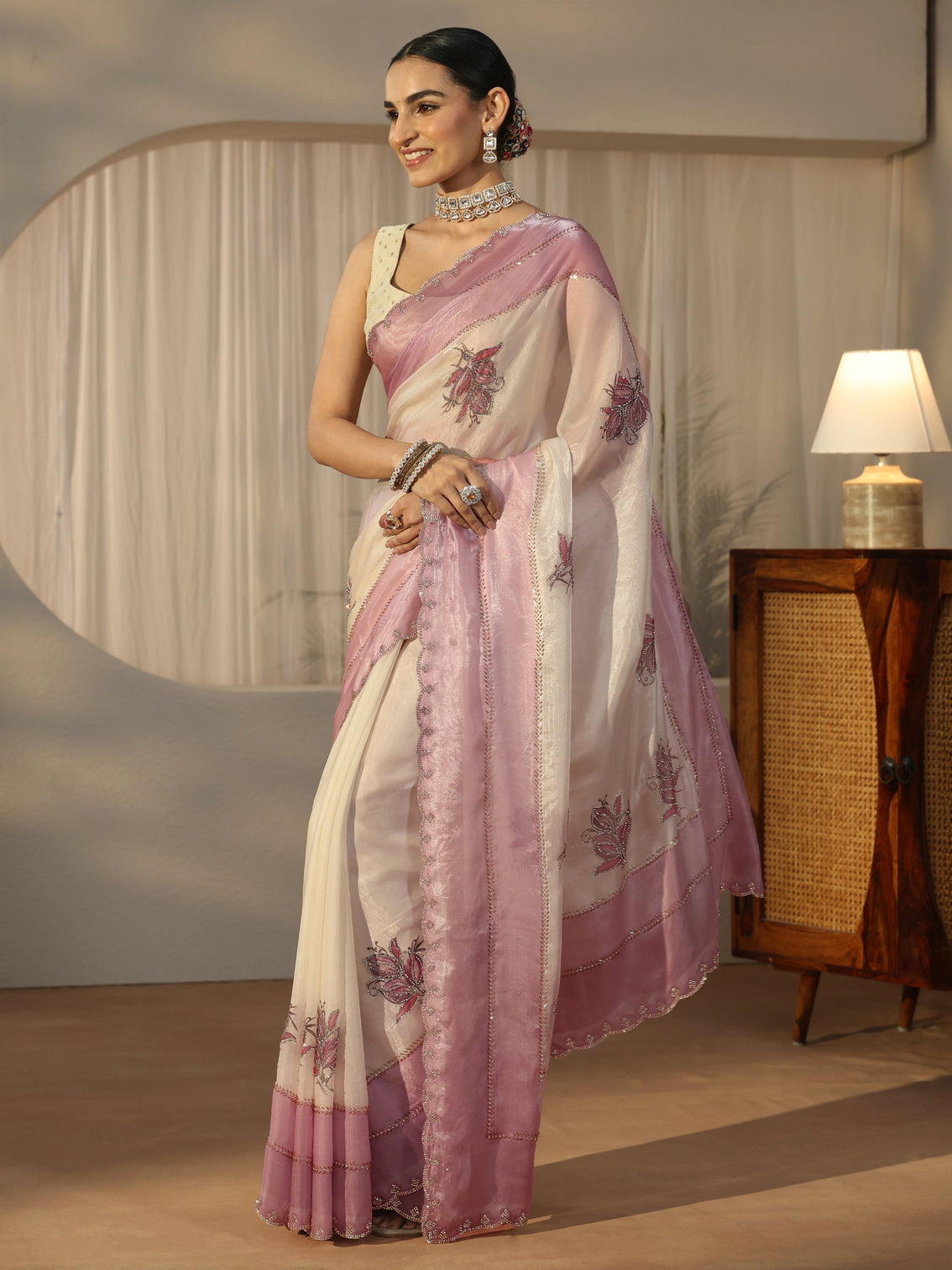 Mameraa Cream Floral Embellished Tissue Saree