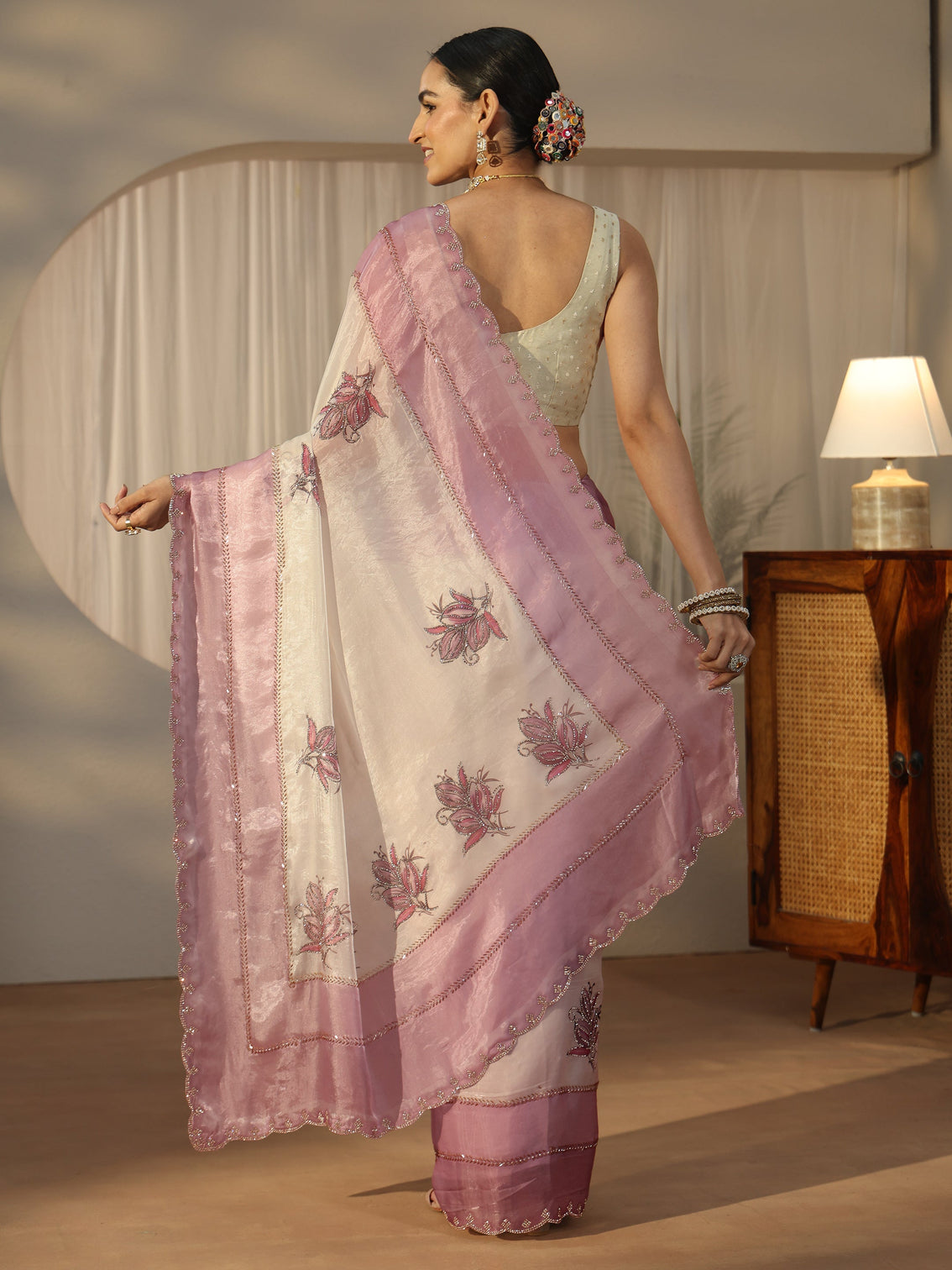 Mameraa Cream Floral Embellished Tissue Saree